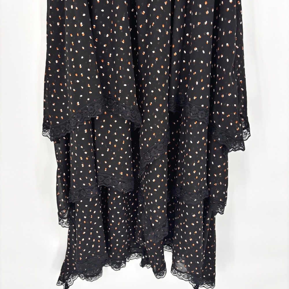 Rusttydustty Black Polka Dot Tiered Handkerchief Hem Midi Skirt Lace Trim Large